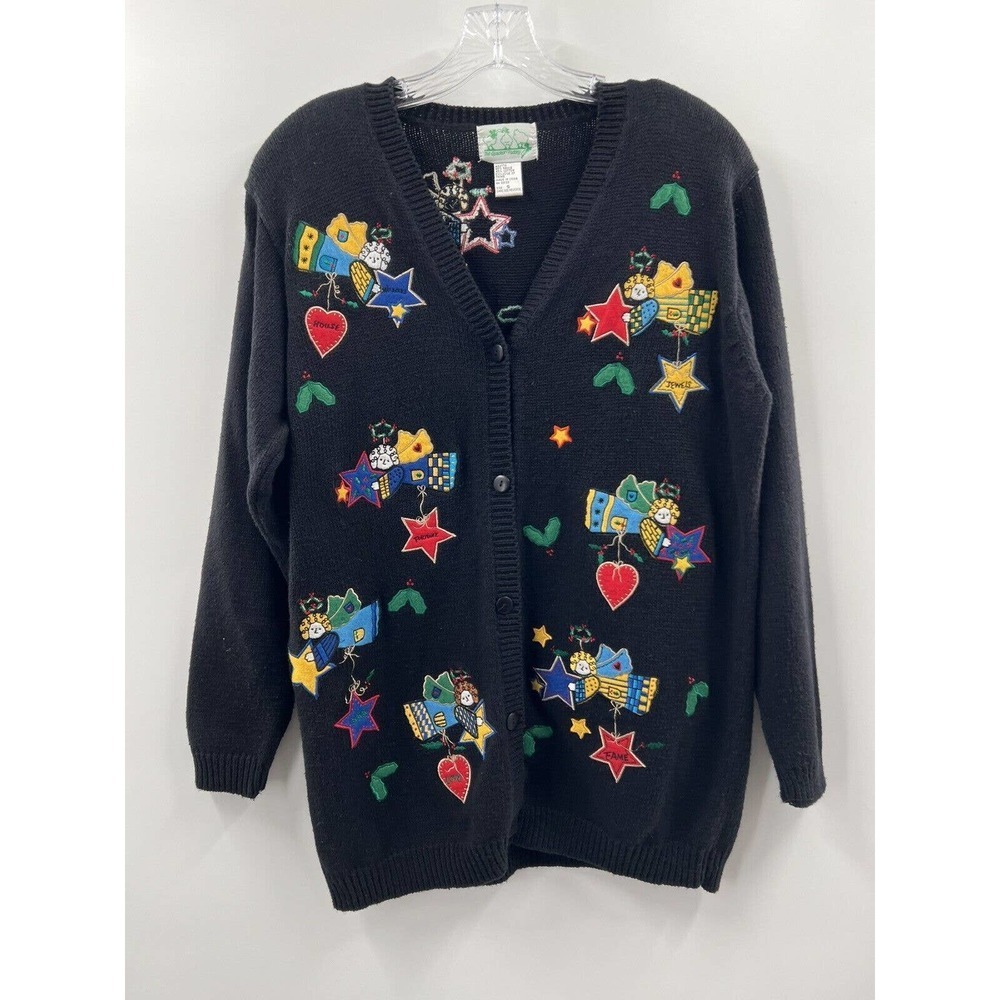 The Quacker Factory Women’s Long Sleeve Cotton/Ramie Black Appliquéd Cardigan S